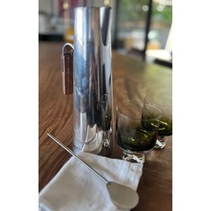 Vintage Italian stainless steel pitcher MCM wood handle barware carafe